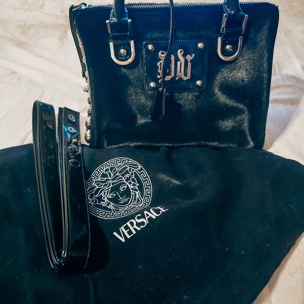 Authentic Versace Black Patent Leather Pony Hair Studded DV Speedy BAG 25 - Picture 7 of 15